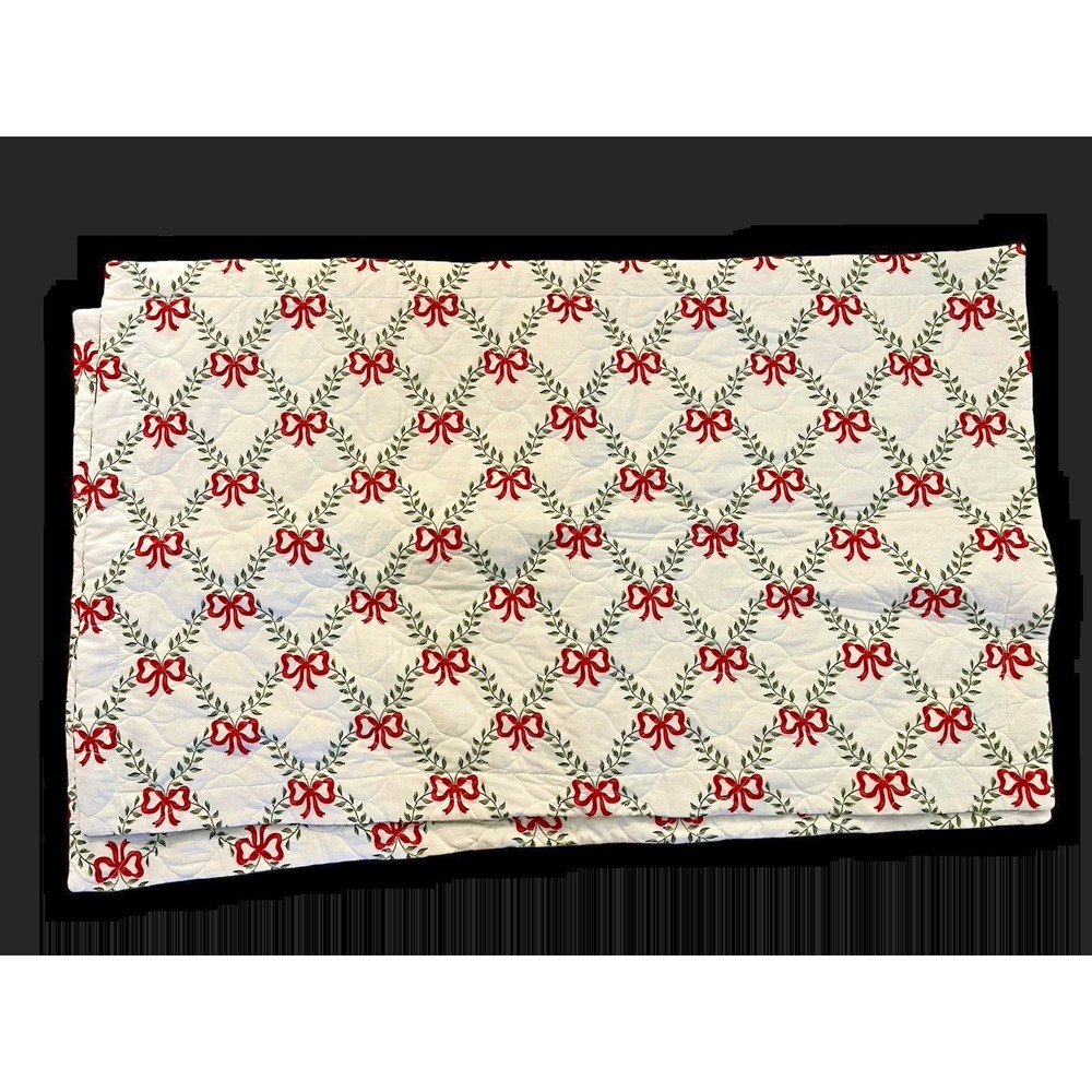 Laura Ashley Christmas Pillow Shams Covers King Size White Red Green Bow Set 2